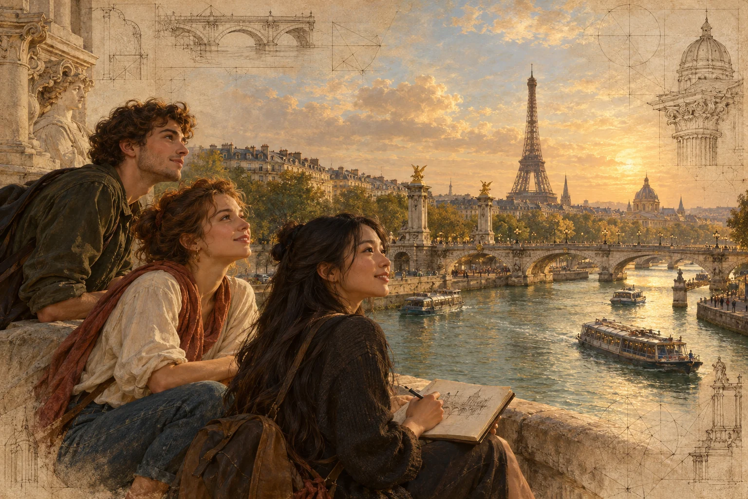 A realistically painted group of young people on the Seine admiring Paris, with the Eiffel Tower in the distance and fine ink architectural details.