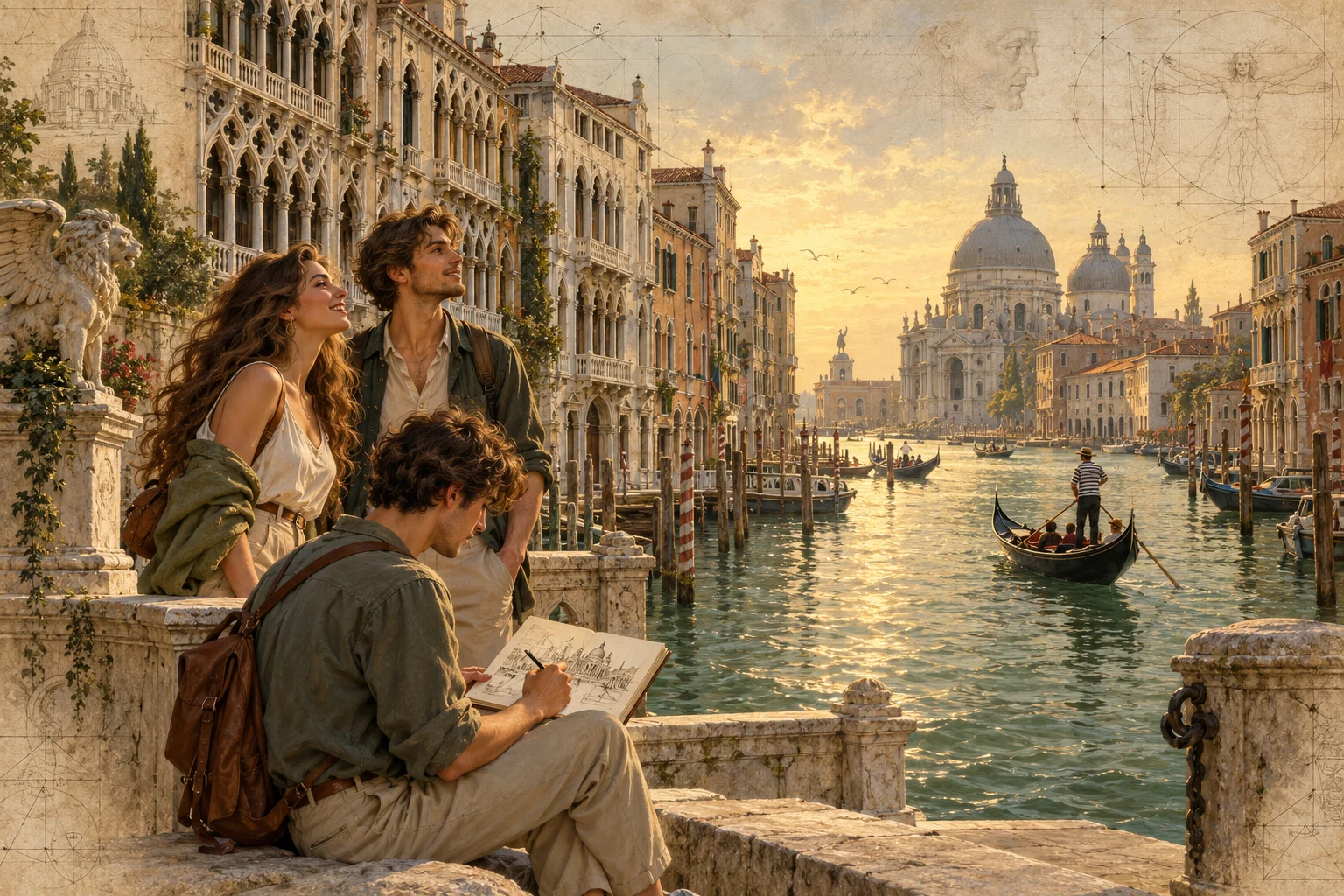 Lifelike painted young adults beside a Venetian canal, with ornate palaces, gondolas and a luminous Renaissance sky.